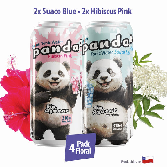 4Pack Floral 2 Panda Hibiscus Pink y 2 Panda Sauco Blue, sin azúcar latas 310 ml